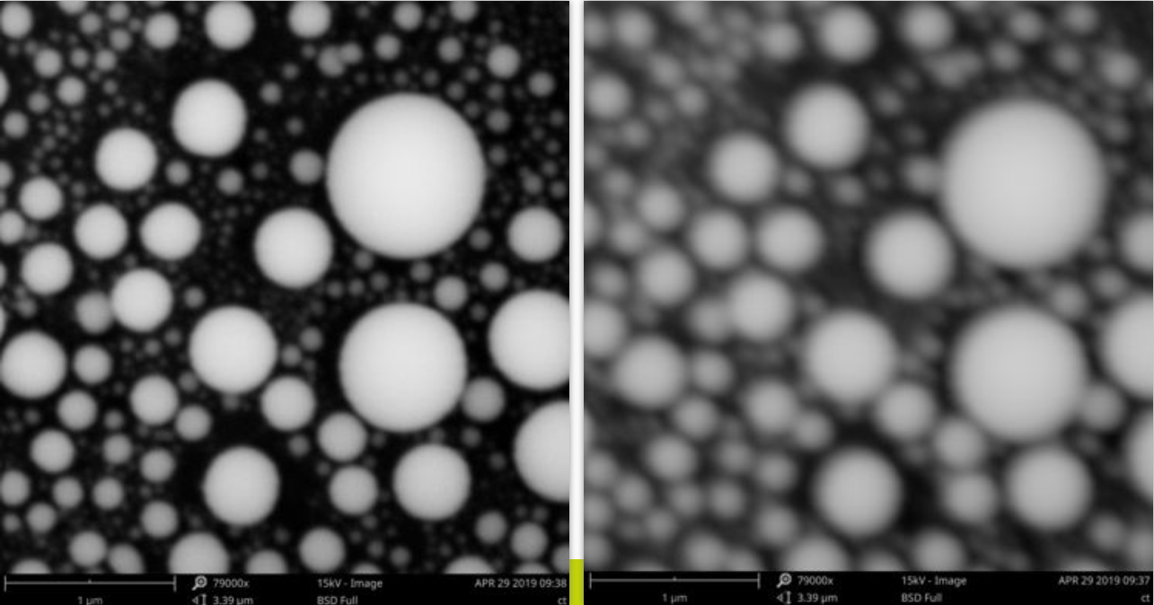 锡球,扫描电镜放大倍数是 79000 倍,左边图像无像散,右边图像有像散