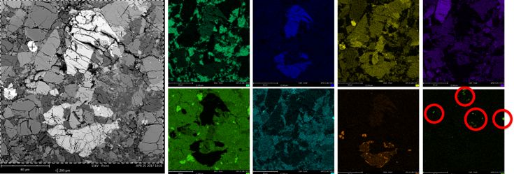 扫描电镜下材料的背散射图及 Al、Cr、Fe、Mg、Si、Ca、Ti、P 元素的分布