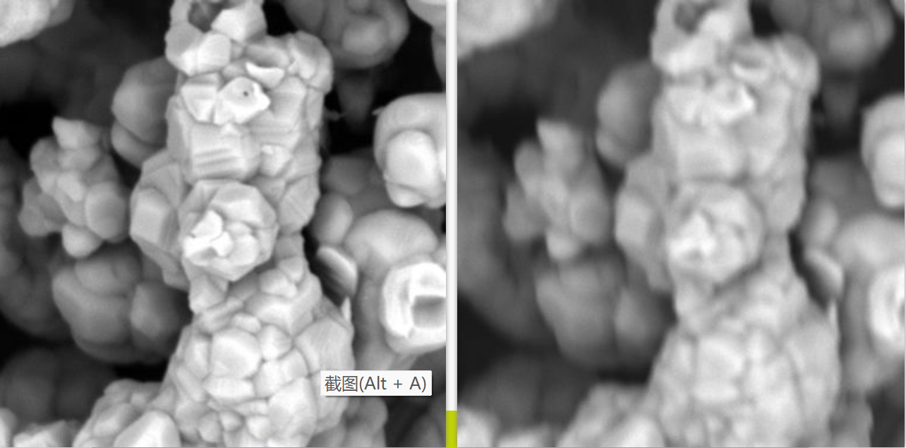 电极材料,扫描电镜放大倍数 50000 倍,左边图像无像散,右边图片有像散