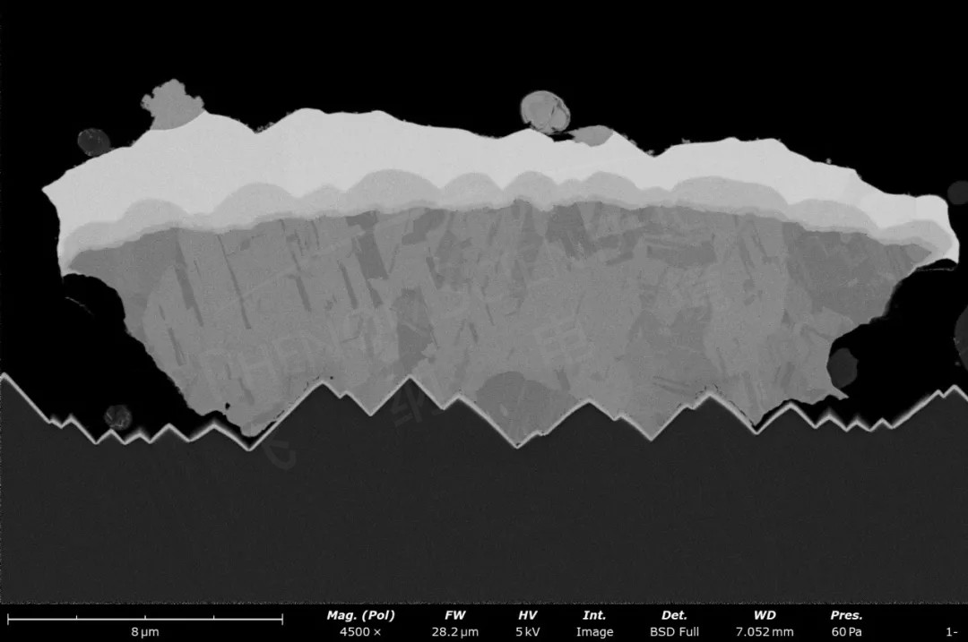 铜电极,Cu晶粒形态,两层金属间 IMC 相,以及与硅片结合处的孔缺陷扫描电镜图